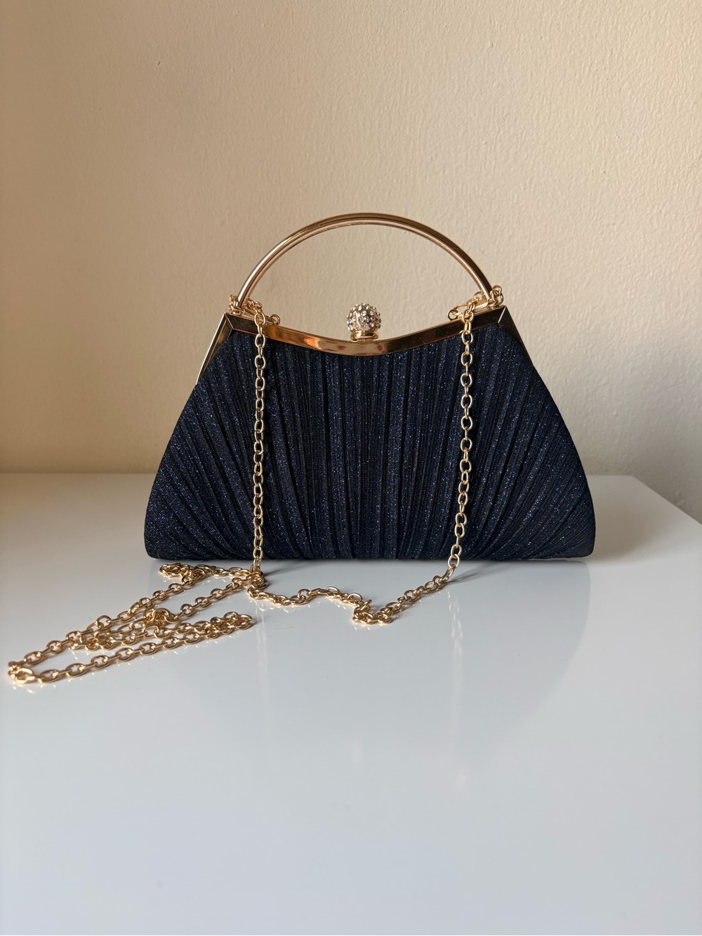 Navy Blue Glitter Evening Clutch Gold Chain Rhinestone Clasp Formal Bag